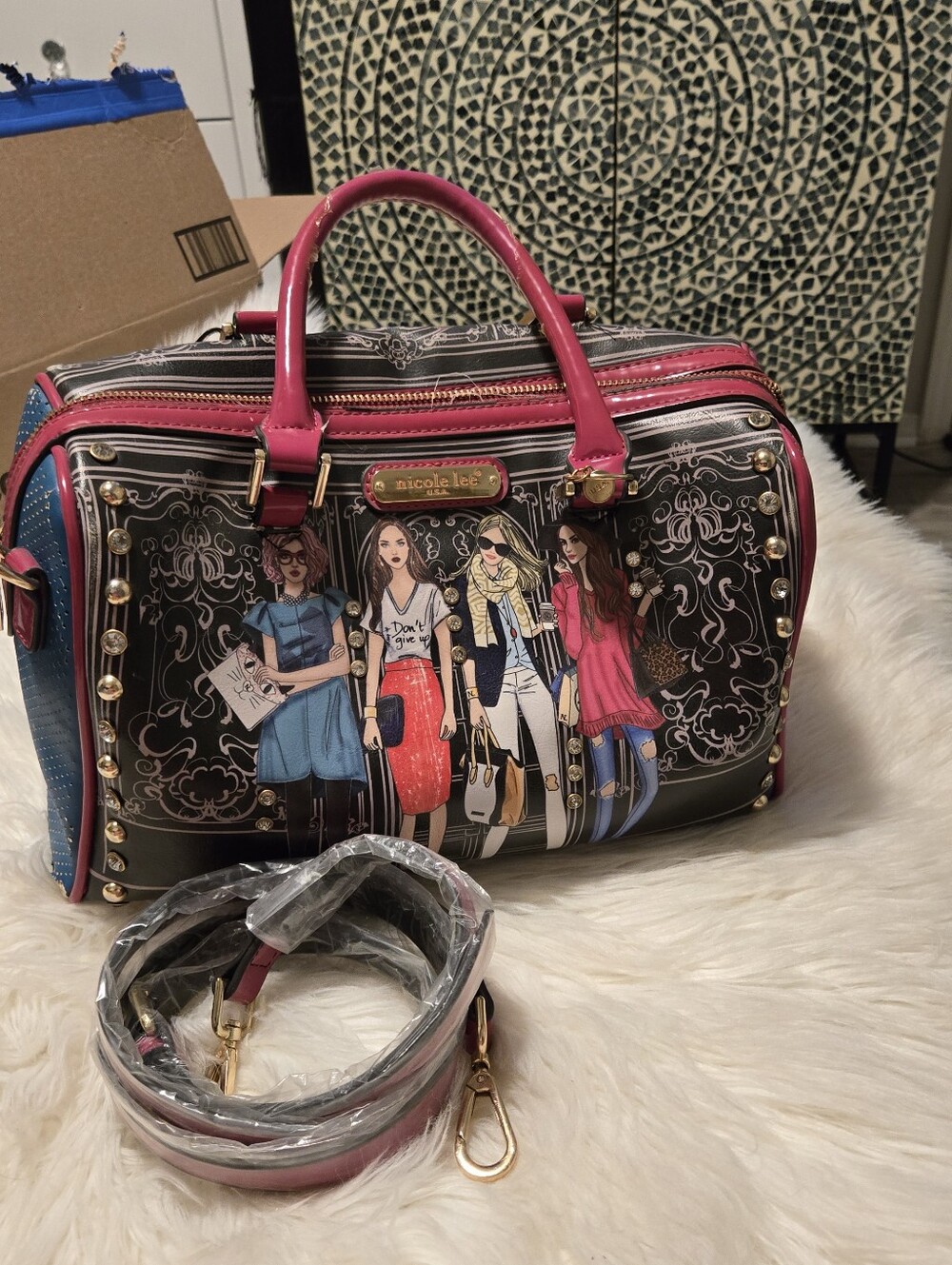 Nicole Lee Pink and Black Illustrated Fashion Satchel - Picture 1 of 7